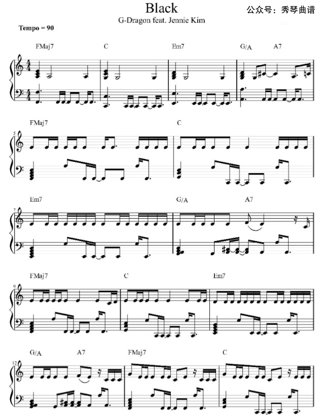 《Black》钢琴五线谱c调演奏版-秀琴曲谱网